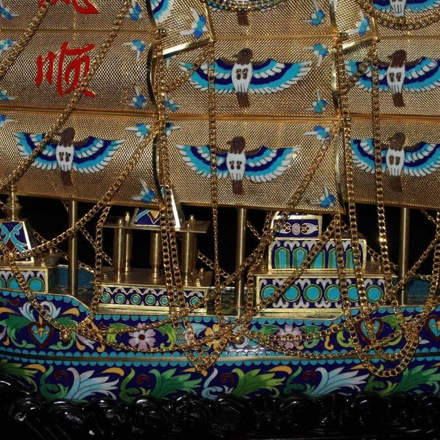 Vintage Cloisonne Enamel Ship Model – 28" Gilt Sailing Boat With Box For Sale In Los Angeles - Image 6 of 9