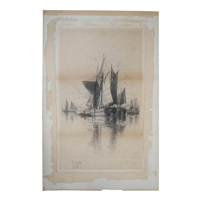 Antique Charles Frederick Mielatz Signed Maritime Sailboat Seascape Etching 28" For Sale