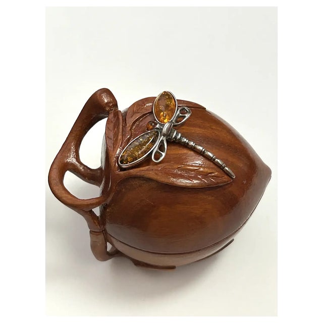 Wood Ooak, Rare, Carved Trinket Box/Sterling, Amber For Sale - Image 7 of 9