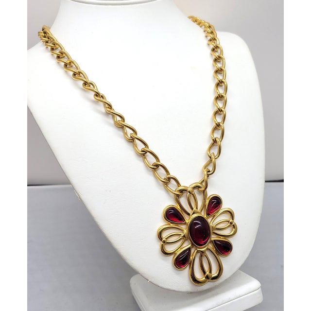 Modern Vintage 1989 Signed Napier Goldtone Cabochon Faux-Garnet Pendant Necklace For Sale - Image 3 of 7