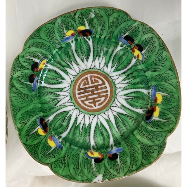 Green Set of 4 Antique Chinese Export Porcelain Famille Verte” Boc Choy Leaf” 6”plates For Sale - Image 8 of 12