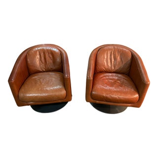 Vintage 1990's Italian Natuzzi Leather Swivel Club Chairs , a Pair For Sale