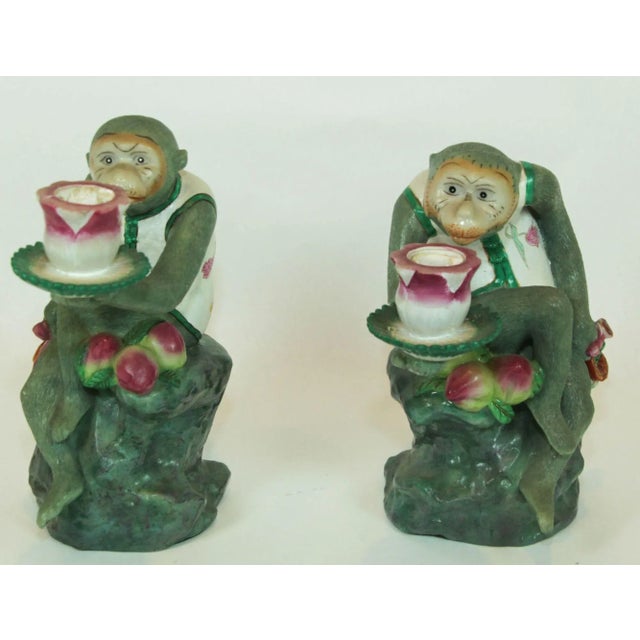 Pair of Vintage Chinoiserie Monkey Lotus Candleholders, Painted Resin For Sale - Image 4 of 13