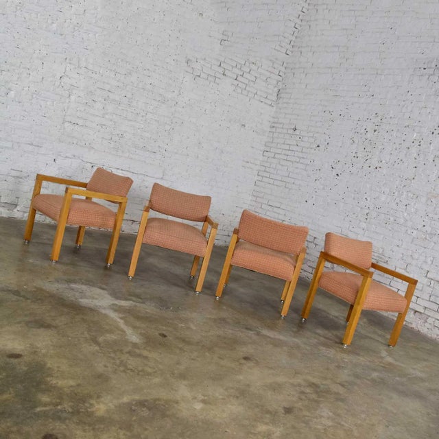 Late 20th Century Modern Armchairs Square Frame Oak With Original Blush Textured Fabric, Set of Four For Sale - Image 5 of 13