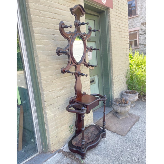 Victorian Late 1800s Victorian Hall Tree With Original Iron Drip-Catcher Plate For Sale - Image 3 of 14