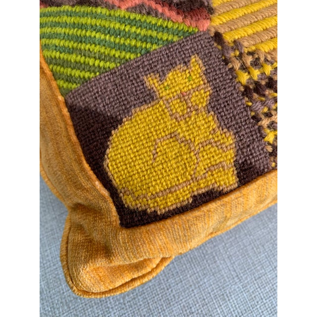 Textile Vintage Handmade Bargello Needlepoint Embroidered Decor Pillow 14” X 14” Wool Yarn Back to Velvet Mustard Green Bronze For Sale - Image 7 of 12