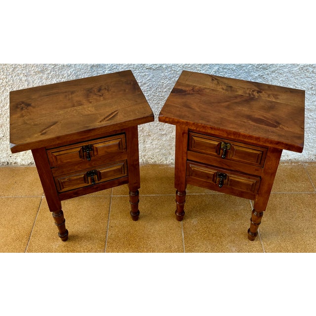 Brown 20th Century Spanish Nightstands with Two Drawers and Iron Hardware, 1950s, Set of 2 For Sale - Image 8 of 18