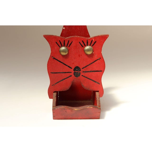 Vintage Folk Art Carved "Cat" Hand-Painted Red and Black Wooden Matchbook Holder For Sale - Image 10 of 13