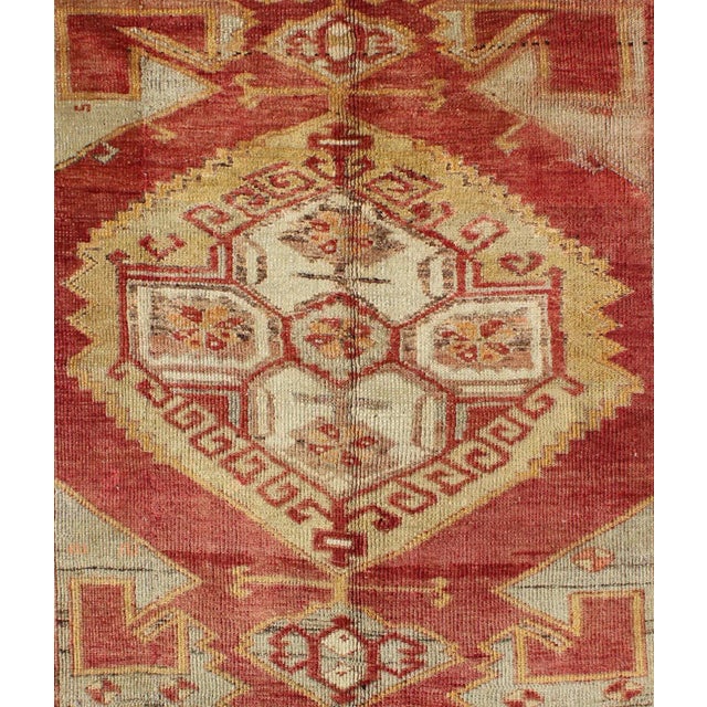 Turkish Square Turkish Oushak With Medallion Design in Muted Red, L. Green & Yellow For Sale - Image 3 of 7