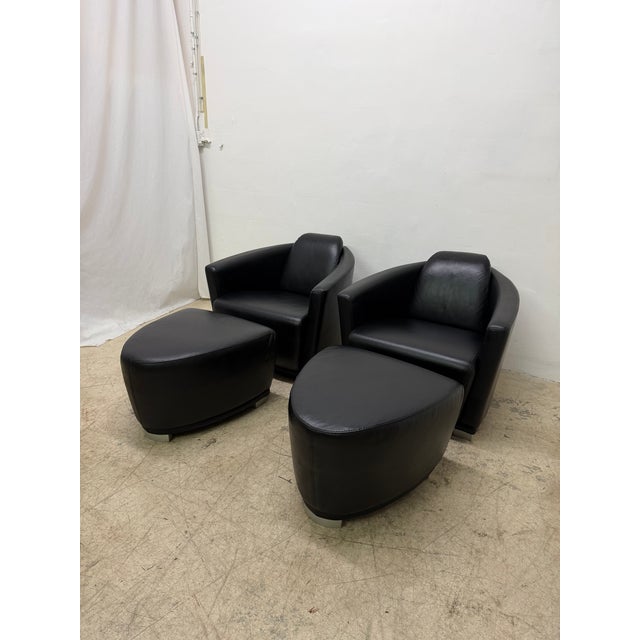 Enzo Luca Art Deco Revival Leather Lounge Chairs and Footrests, 1990s - A Pair For Sale - Image 4 of 18