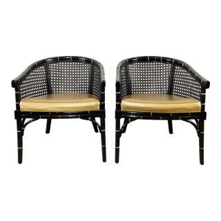 Black Lacquer Faux Bamboo Hollywood Regency Chairs With Gold Upholstery, a Pair For Sale