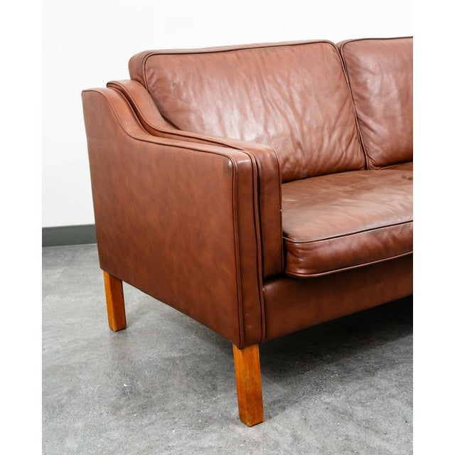 Mid Century Danish Modern Sofa Couch Brown Leather 2 Seat Settee Vintage Denmark For Sale - Image 9 of 11