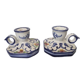 Portuguese Hand Painted Candle Holders - a Pair For Sale