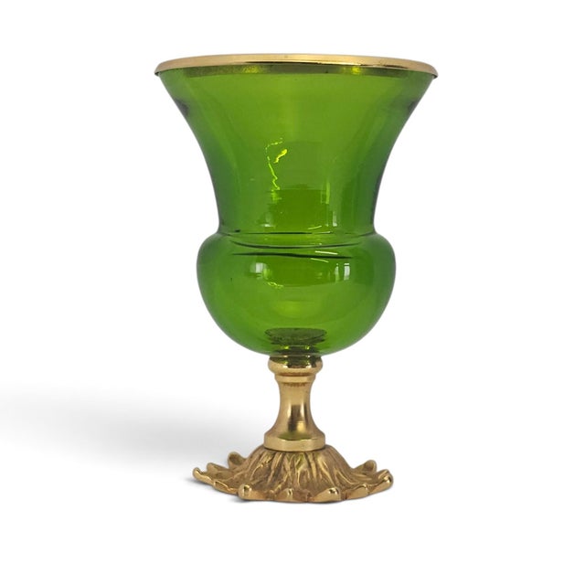 Lime Green Art Glass Vase With Gilded Floral Pedestal, Neoclassical Revival For Sale - Image 4 of 8
