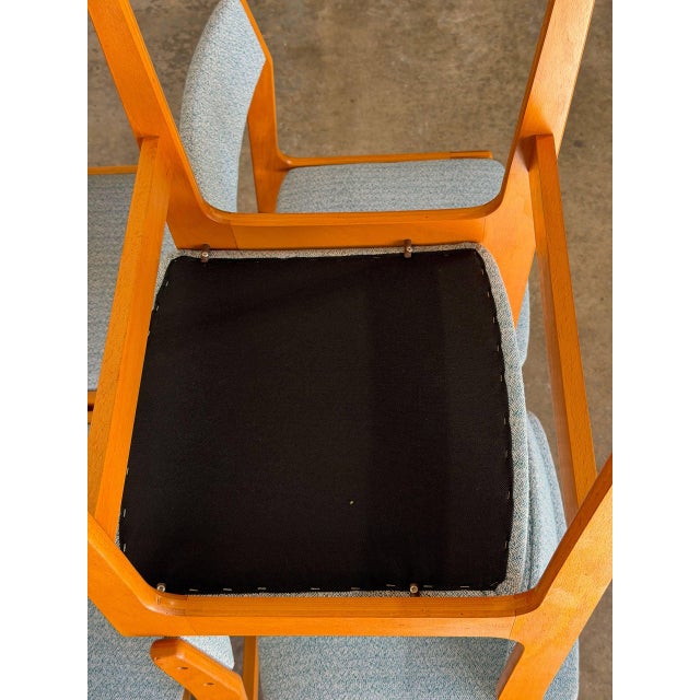 Wood Dining Chairs Set of 6 in Blue Fabric Newly Reupholstered Mid-Century Modern For Sale - Image 10 of 11