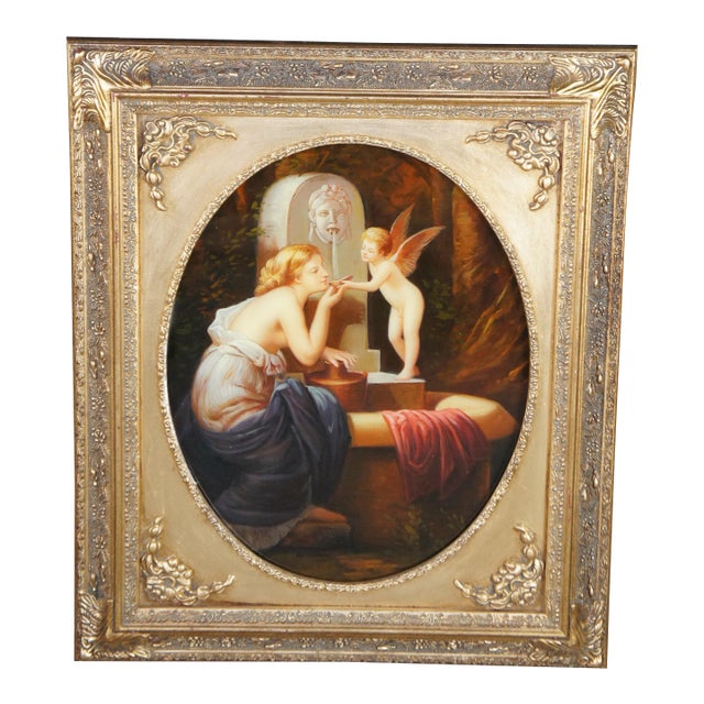 Mid 20th Century At the Fountain Cupid Angel of Love Oval Oil Painting After Henri Pierre Picou For Sale