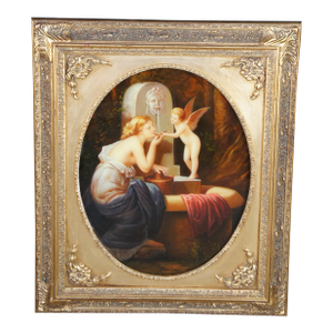 Mid 20th Century At the Fountain Cupid Angel of Love Oval Oil Painting After Henri Pierre Picou