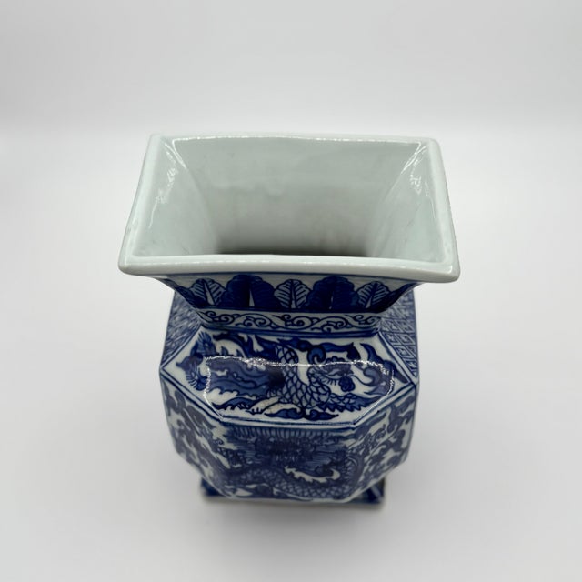 Chinese Antique Chinese Blue and White Floral & Dragon Zun Vase For Sale - Image 3 of 6