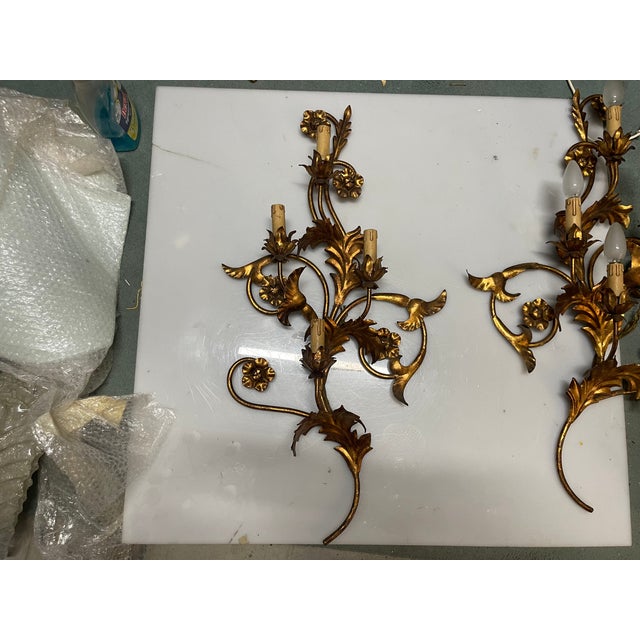 Large Florentine Gold Gilded Tole Sconces, 1960s, Set of 2 For Sale - Image 9 of 13