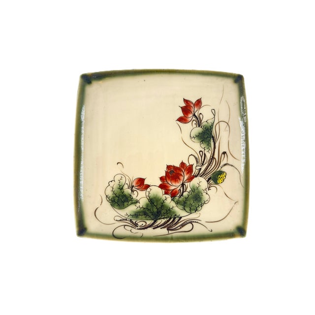 Traditional Asian Modern Bat Trang Vietnamese Ceramic Teapot, 6 Teacups & Dessert Tray With Striking Hand Painted Lotus Motif - Set of 8 For Sale - Image 3 of 17