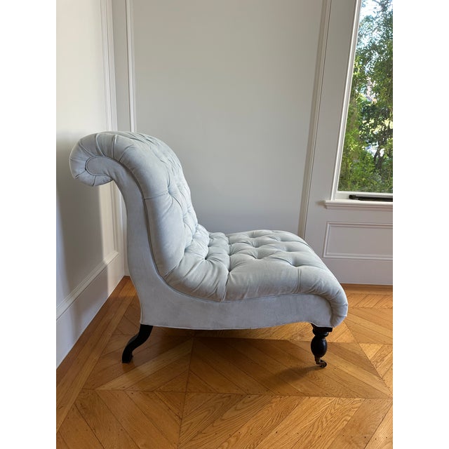 Modern Tufted Blue Slipper Chairs (Pair) For Sale - Image 3 of 6