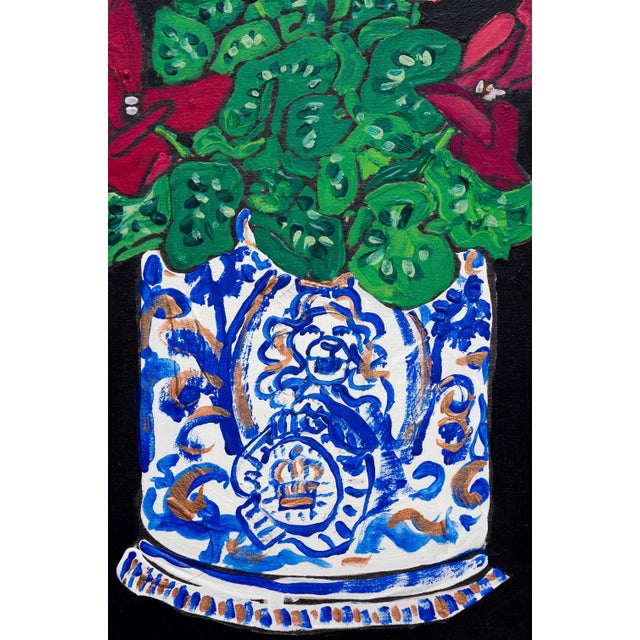 Lara Lee Meintjes Pink Cyclamen Plant in Blue-And-White Delft Lion Planter Original Fauvist Painting For Sale - Image 4 of 5