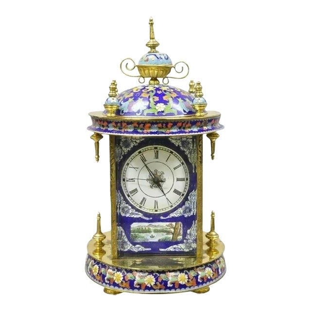 Vintage Chinese Cloisonne Brass Figural Porcelain Enamel Mantel Clock For Sale