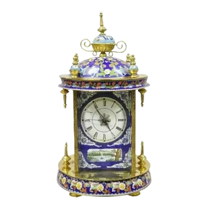 Vintage Chinese Cloisonne Brass Figural Porcelain Enamel Mantel Clock