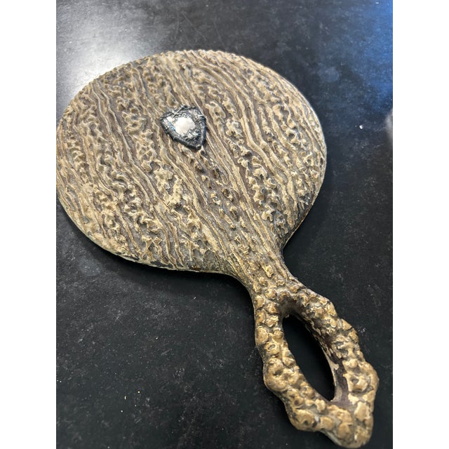 1900 - 1909 Antique Faux Antler Wood, Sterling Emblem, Beveled Hand Mirror For Sale - Image 5 of 5