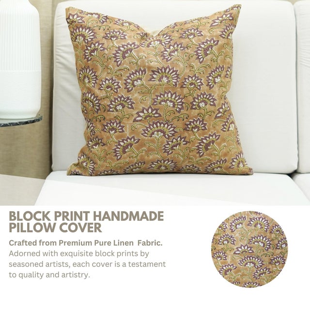 Copper Fabdivine Rajnigandha Handmade Block Print Pillow Covers 12x20 Inches Pure Linen Floral Decorative Cushion Cover For Sale - Image 8 of 9