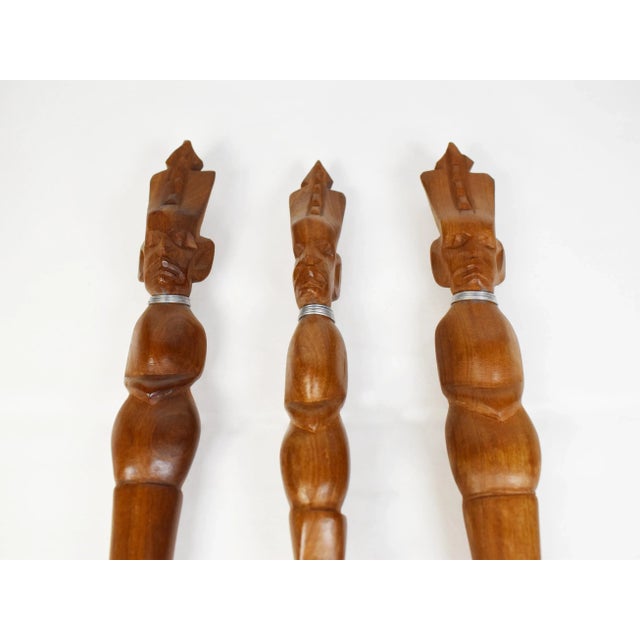 Tribal Mid 20th Century Vintage Hand Carved Solid Wood Salad Serving Utensils - Set of 3 For Sale - Image 3 of 10