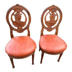 Louis XVI Carved Oak French Accent Chairs With New Caramel Colored Leather Seats - a Pair