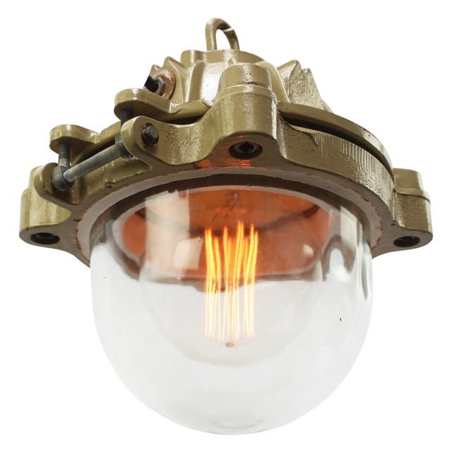 French industrial hanging lamp by mapelec amiens. 1966 brown / beige cast iron with cage clear glass heavy! 13.80 kg /...