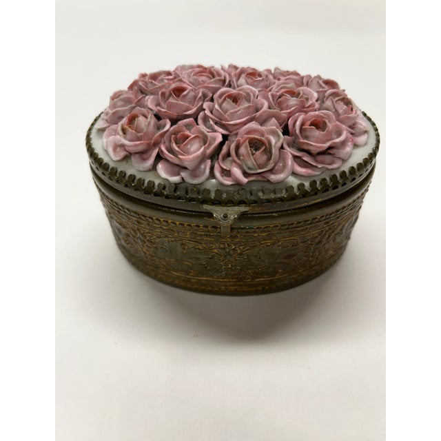 1900 - 1909 Early 1900s Antique Brass Ceramic Rose Box For Sale - Image 5 of 7