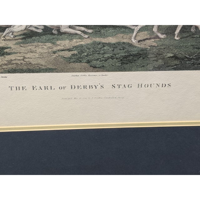 Large Vintage “The Earl of Derby’s Stag Hounds” Equestrian Artwork, Custom Framed Blue, Cream, Red For Sale - Image 9 of 18