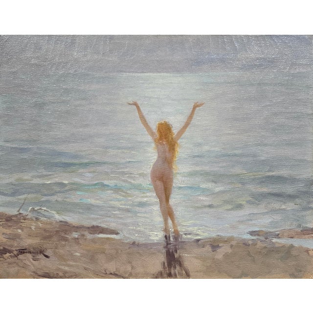 Joseph Tomanek–Nude Nymph Greeting the Sea –1920s American Impressionist Oil Painting For Sale - Image 4 of 11