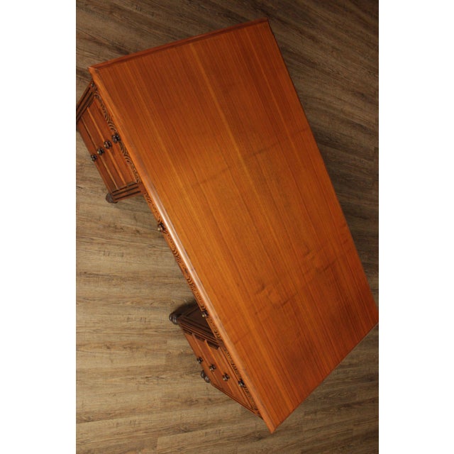 1930s 1930 Walnut Carved Pedestal Executive Desk with Pull-Out Writing Slides For Sale - Image 5 of 18