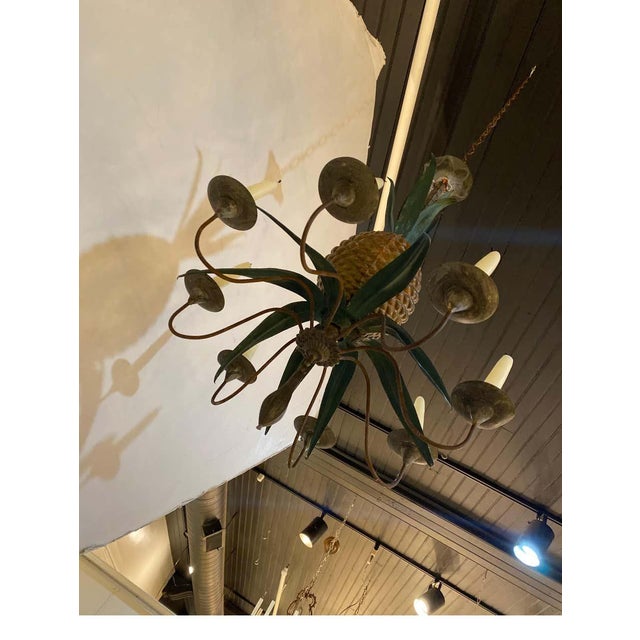Antique Painted Pineapple Tole and Zinc Candle Chandelier For Sale - Image 4 of 4