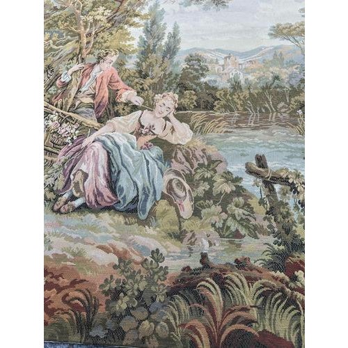 Green Vintage French Jacquard Pastoral Loves Tapestry in the style of Aubusson, 1950s For Sale - Image 8 of 18