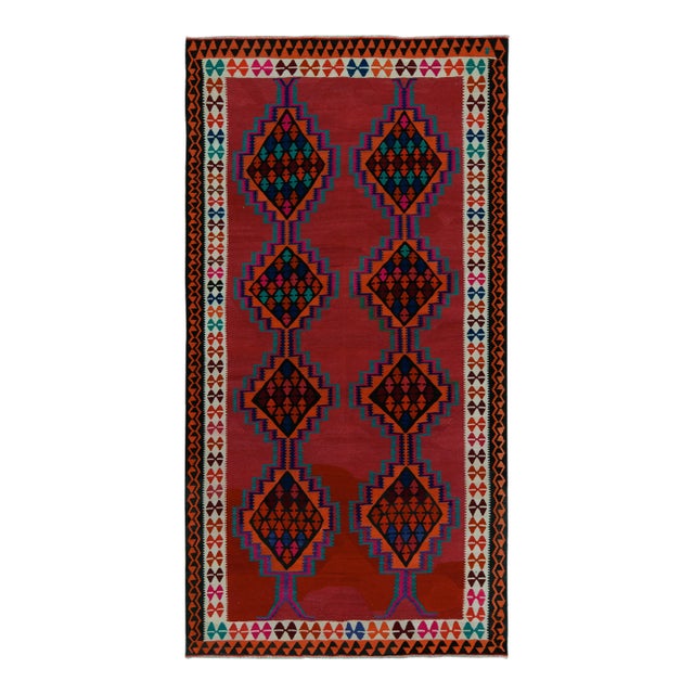 1950s Vintage Kilim Rug in Red With Colorful Geometric Patterns For Sale