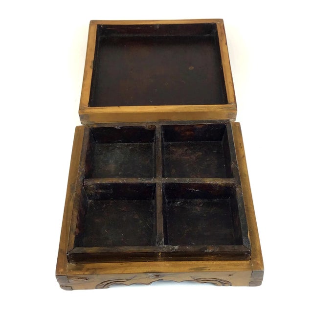 Unusual wood box with multiple compartments. Asian hand carved wood design. Purchased in France from an Antique Shop...