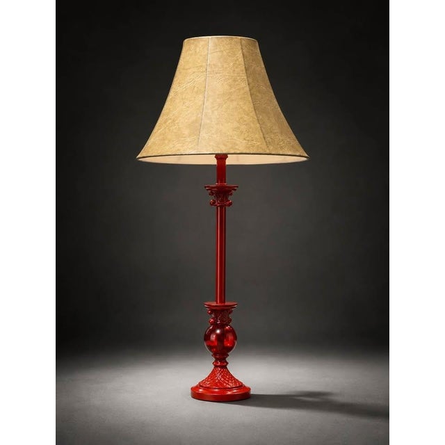 Vintage Style Red Table Lamp With Beige Fabric Shade For Sale - Image 4 of 5