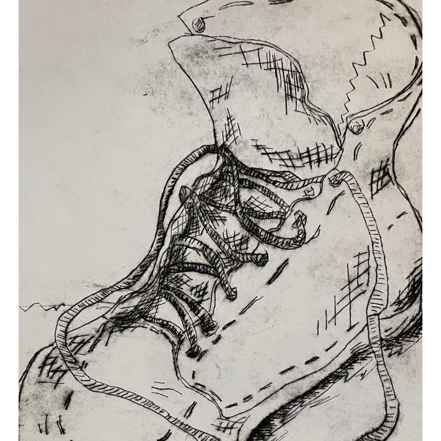 1980s unsigned etching of a shoe or hiking boot. Unsigned, deep impression.