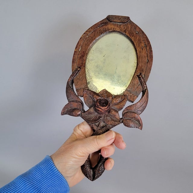 American Antique American Folk Art Horseshoe Mirror With Carved Dove and Initials For Sale - Image 3 of 7