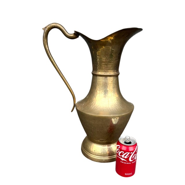 Metal Vintage Middle Eastern Brass Pitcher – Large Hand‑Hammered For Sale - Image 7 of 8