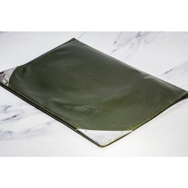Stately Green Moroccan Leather Antique English Desk Blotter Folder Sterling Silver Luxury Office Decor For Sale In New York - Image 6 of 14
