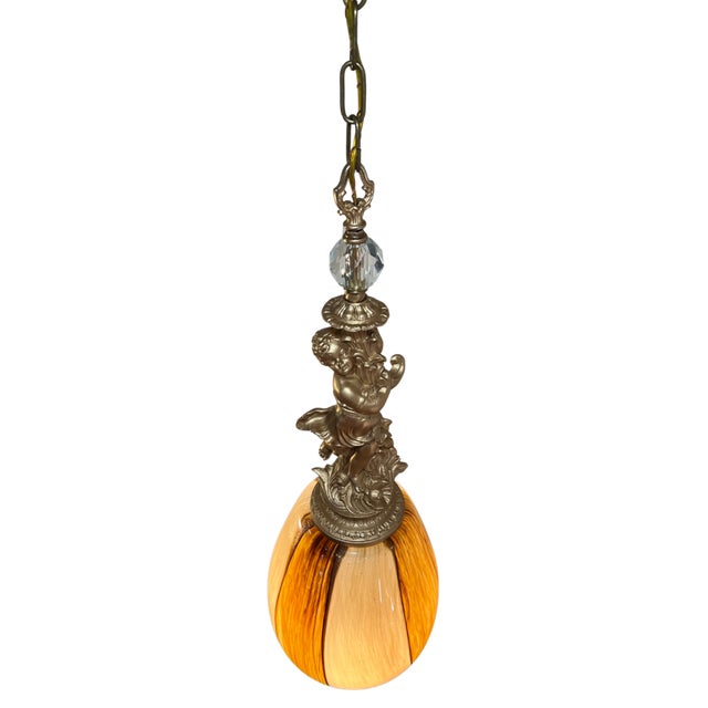 Murano Art Glass Aventurine Ovoid Shade With a Cherub Sculpture Pendant Light For Sale In New York - Image 6 of 18