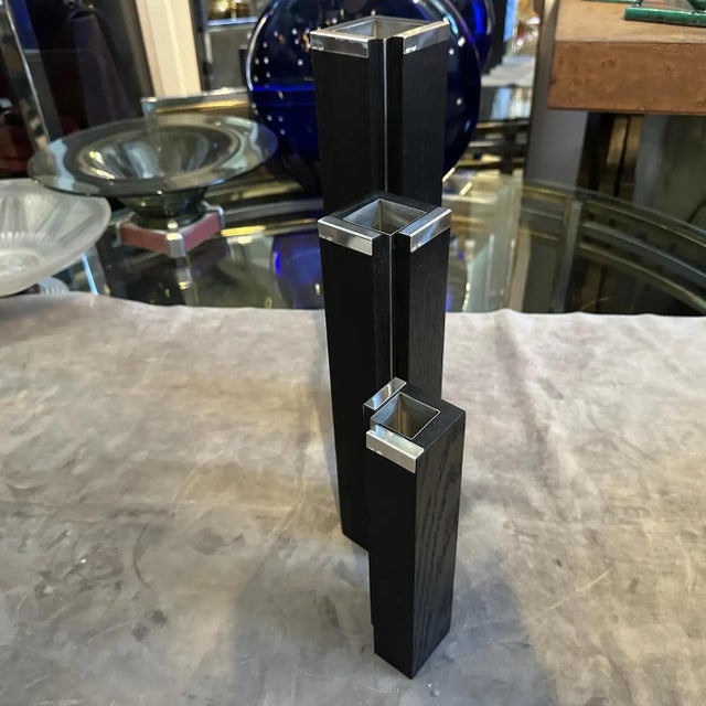 Wood Set of Three 1980s Minimalist Ebonized Wood and Sterling Silver Vases by Silvan For Sale - Image 7 of 14