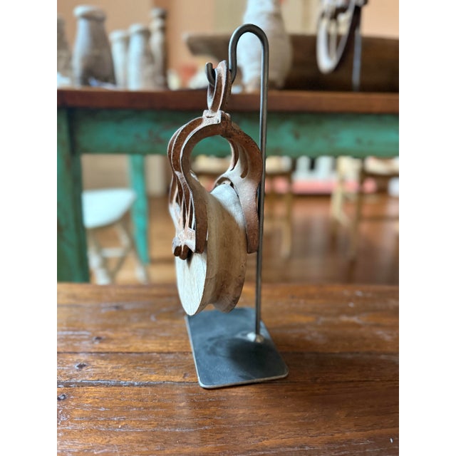 Mid 20th Century Collection of Three Antique Industrial Wood & Cast Iron Pulleys on Custom Display Stands For Sale - Image 5 of 5