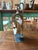 Mid 20th Century Collection of Three Antique Industrial Wood & Cast Iron Pulleys on Custom Display Stands For Sale - Image 5 of 5